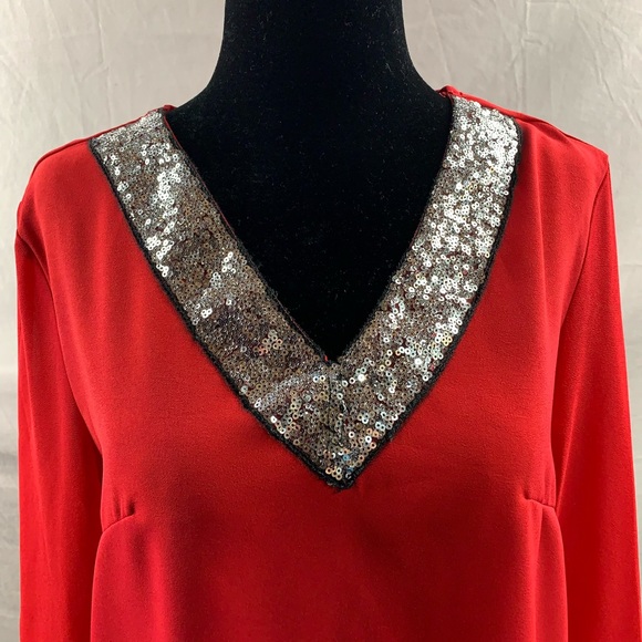Red Contrast Sequin Mesh Sleeve Blouse - Picture 7 of 9